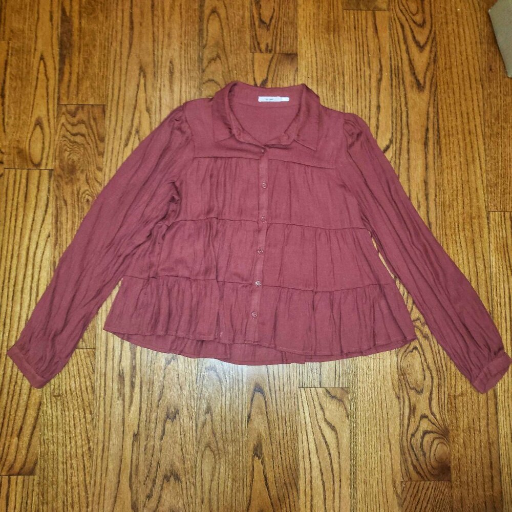 Mi Ami terracotta button up long sleeve ruffled shirt!